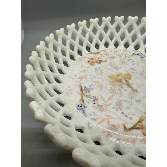 Vtg. Milk Glass Painted Floral Bowl Basket weave Lattice Fruit Compote Open Lace - Picture 9 of 13